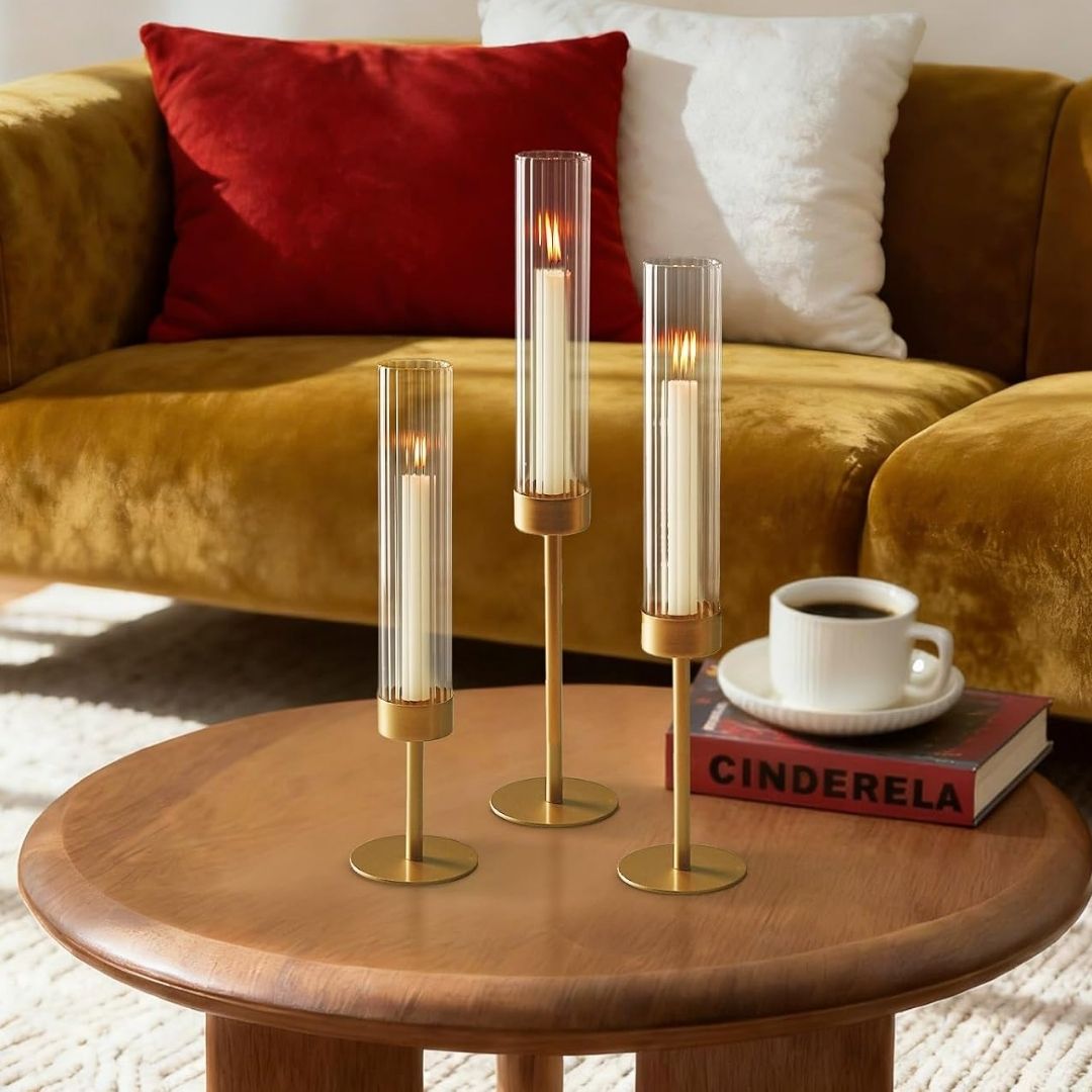 Finn - Elegante Glazen Kandelaars met Gouden Standaard
