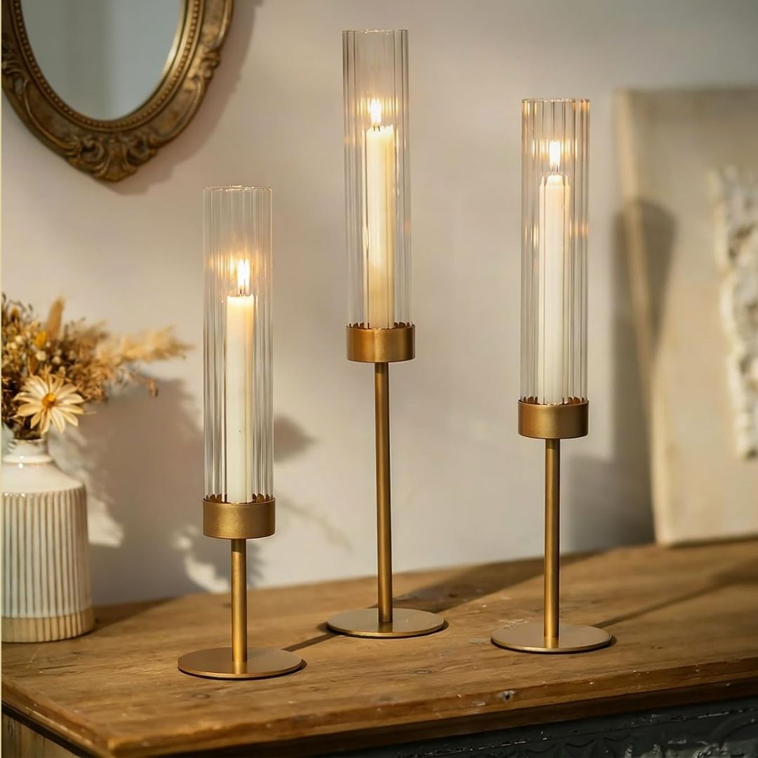 Finn - Elegante Glazen Kandelaars met Gouden Standaard